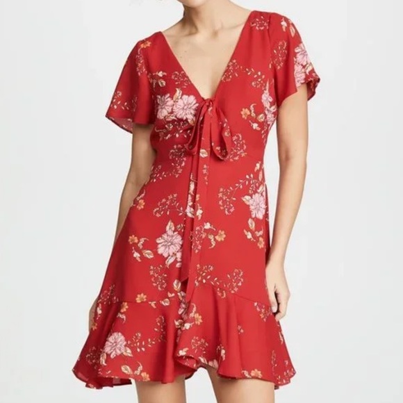 Red Floral Mini Dress with Flutter Sleeves & Ruffle Hem by BB Dakota - Size 6 - Picture 1 of 14
